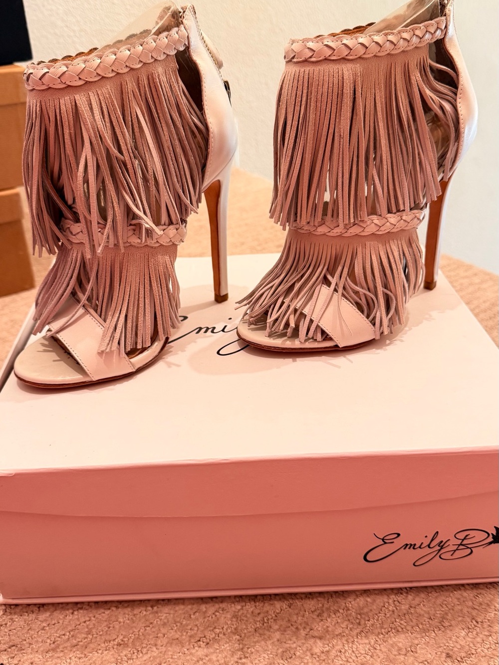 Emily B White Fringed High Heel Sandals